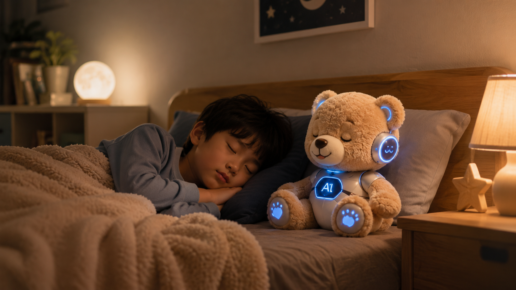 AI 泰迪熊陪伴孩子的溫暖生活情境